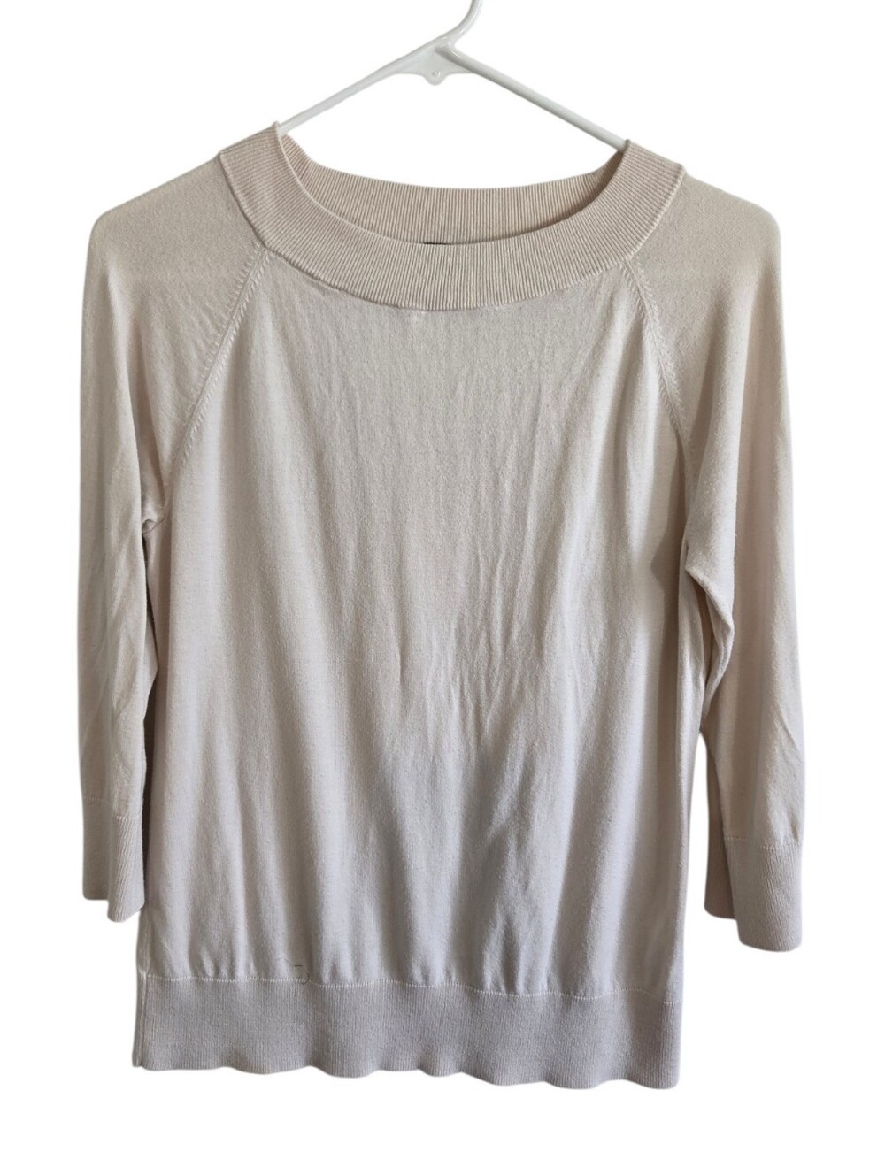 Talbots Petite Cream Ribbed Trim Knit 3/4 Sleeve Crew Neck Sweater Size Lp